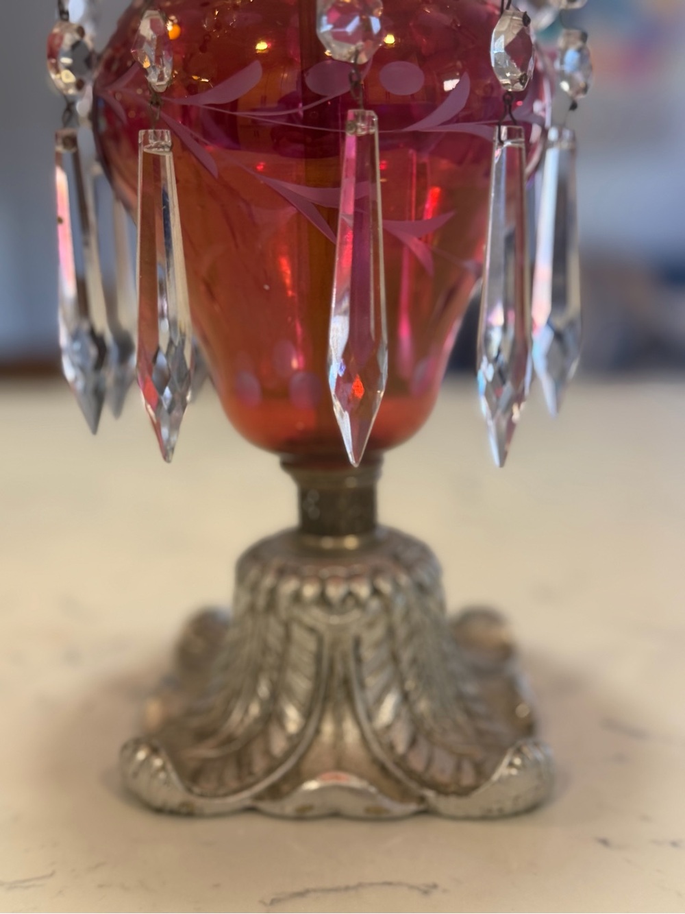 Vintage Pair GIM Cranberry Glass Hurricane Candle Lamps Crystal Prisms Boudoir - Picture 4 of 16